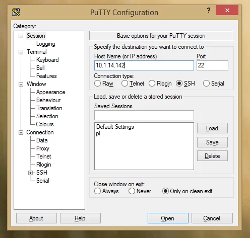 Putty Configuration using raspberry