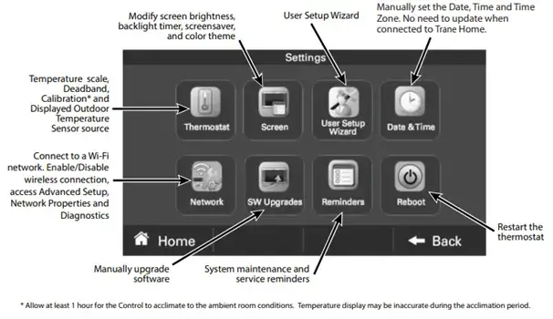 Settings Screen Trane Smart Thermostat