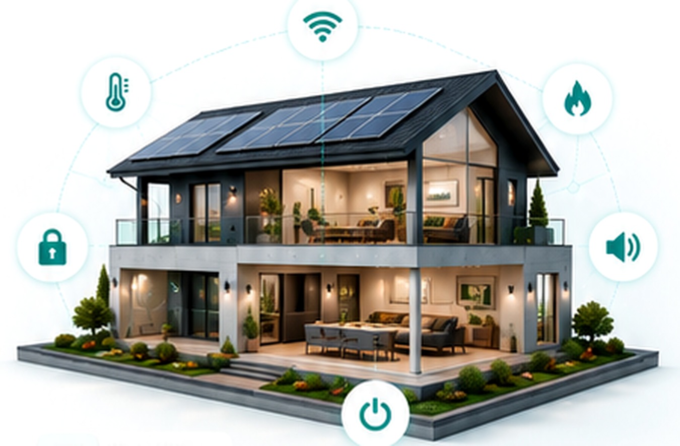 Modern smart home with connected technology icons