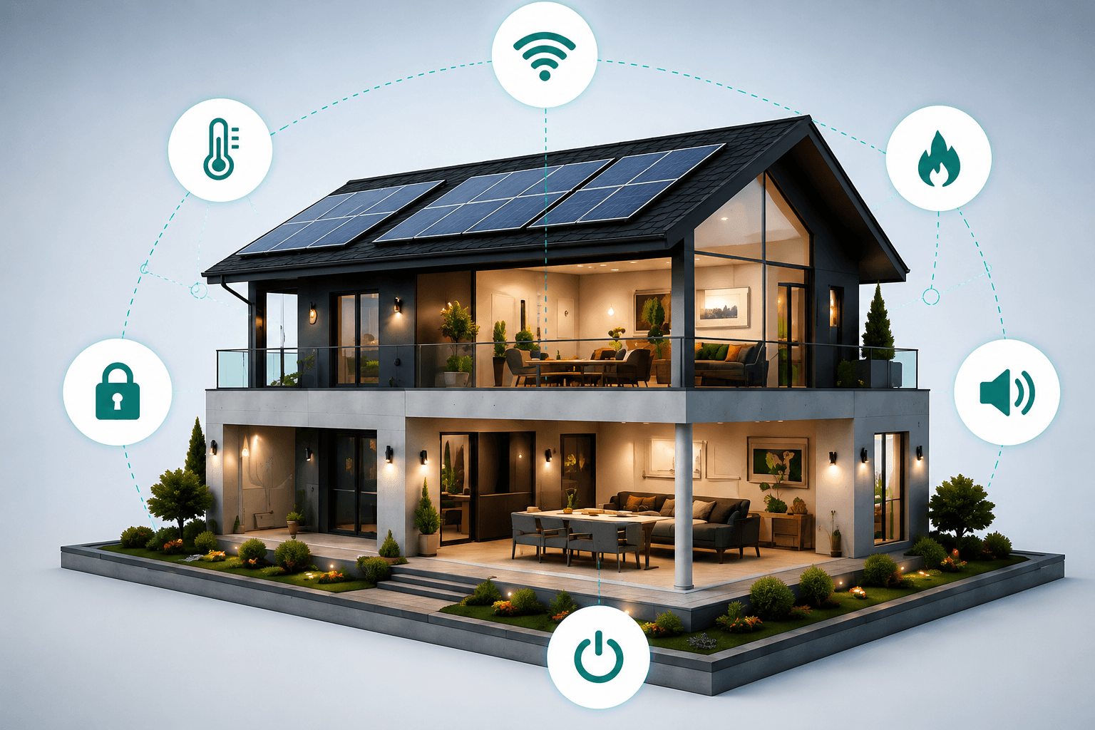 Modern smart home with connected technology icons
